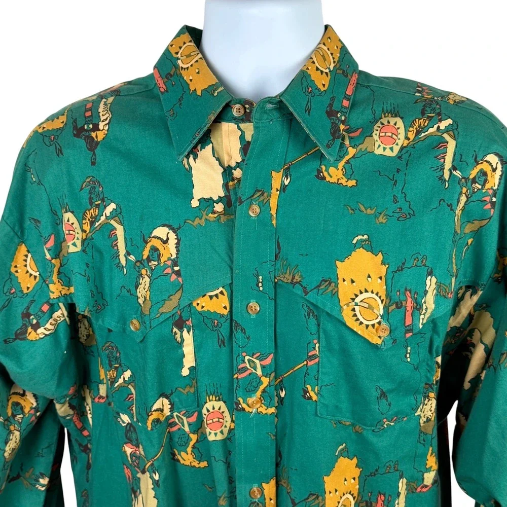 Panhandle Slim Men's Large Green Indigenous Warrior Print Western Shirt Made USA - Picture 2 of 10